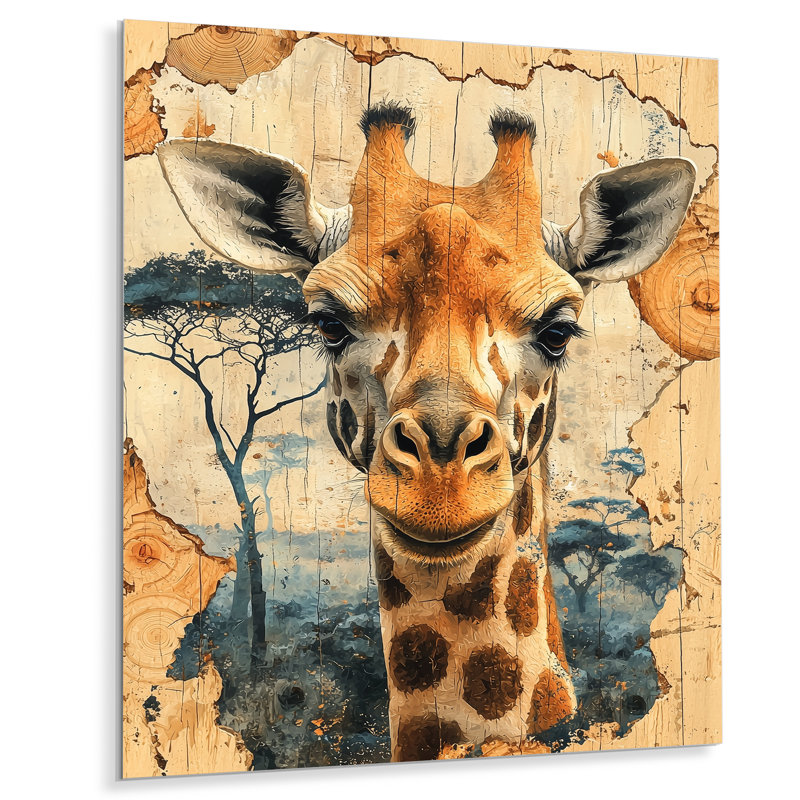 Portrait de girafe rétro dans un paysage africain - impression murale girafe, H 20 po x l 12 po