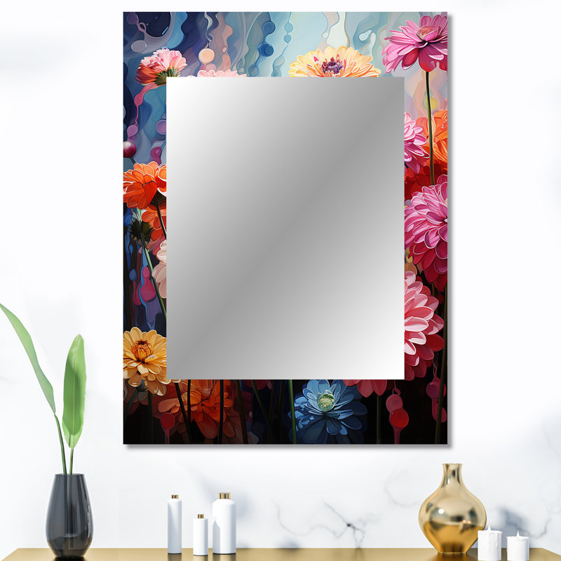 Champ de Zinnias aux tons doux - miroir décoratif Zinnias, miroir mural traditionnel, impression d'art en métal
