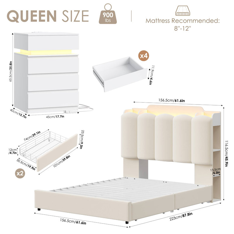 Ensembles de chambre à coucher de grand lit 3 pièces avec tête de lit à DEL et station de charge intégrée, Crème / Blanc