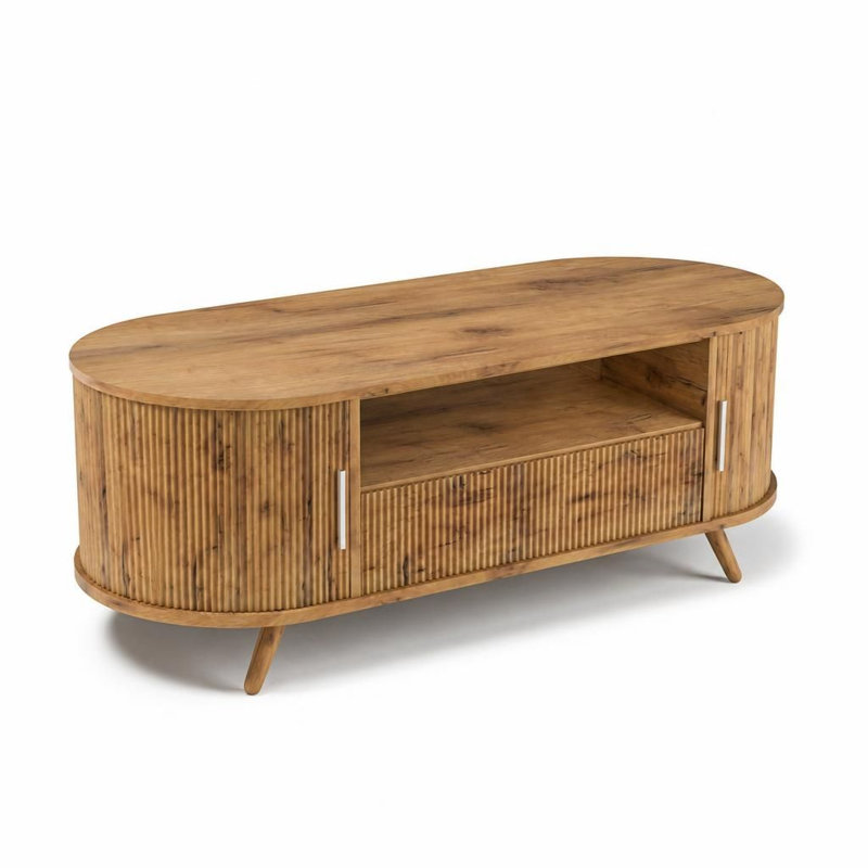 Table basse ovale de style Mid-Century moderne avec rangement intégré, table de salon fonctionnelle avec tiroir, porte coulissante lisse et poignée cannelée décorative en bois, table d'appoint multi-usage