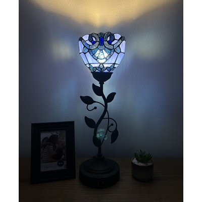 Simonetti Tiffany Torch Table Lamp Stained Glass Baroque Style USB Ports LED Bulb 6"W*6"D*20"H