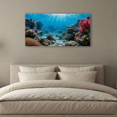 Canvas Wall Art Underwater Coral Reef Vibrant Marine Life Sunlight Rays Wall Decor for Living Room Bathroom Bedroom Office 20"H x 40"W Art Paintings, Ready to Hang