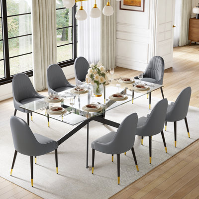 78.7" Modern Dining Table Set For 8, 12mm Tempered Glass Table With 8 Faux Leather Upholstered Chairs, Stainless Steel Cross Legs