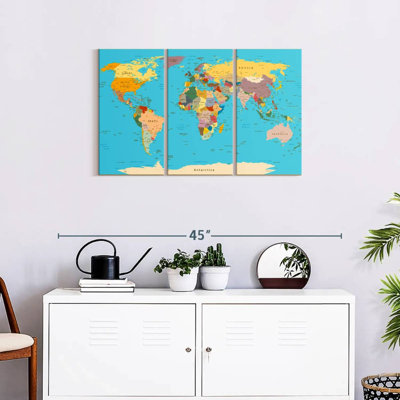 Carte détaillée du monde sur toile, ensemble de 3 pièces