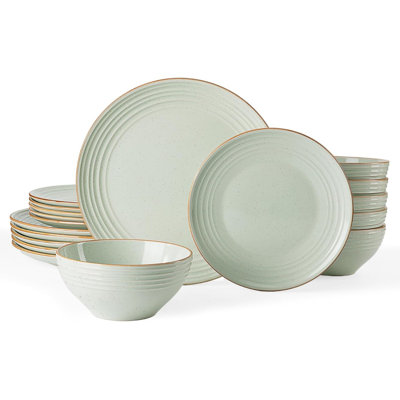 Jupiter Stoneware Dinnerware Sets, 18-Piece Speckled Dishes for 6 Ceramic Plates & Bowls with Rim, Chip & Scratch Resistant, Microwave & Dishwasher Safe, Everyday & Formal Use, Neutral Green