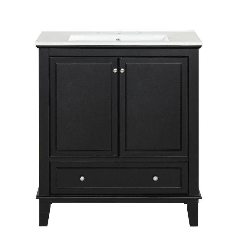 30" Black Bathroom Vanity With Sink - Solid Wood & Cabinet, Modern Design Stylish Ceramic Function