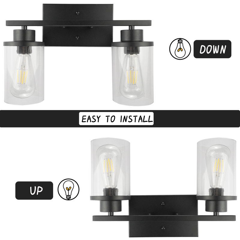 Matte Black 2-Light Dimmable Bathroom Vanity Light with Clear Glass Shades
