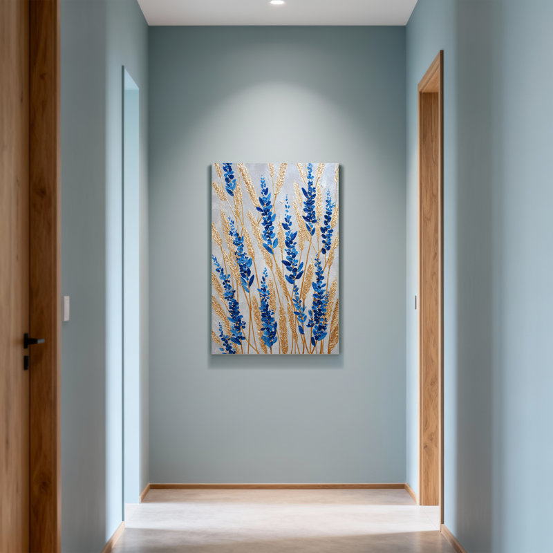 Plantes et fleurs, motif floral abstrait bleu et or, H 30 po x l 20 po