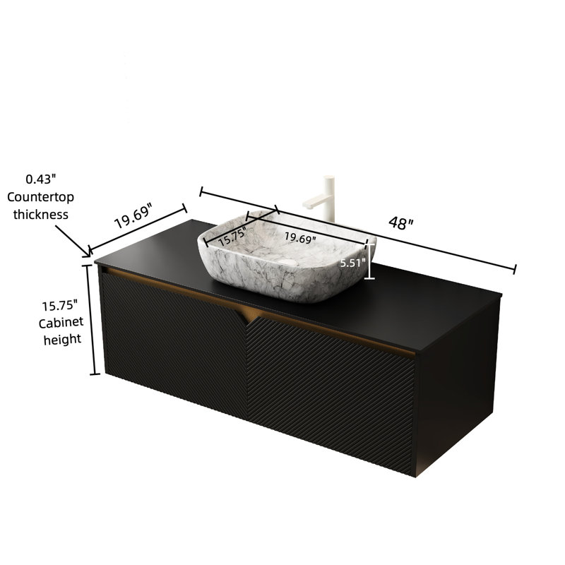 Meuble-lavabo 48 po avec lavabo, finition en comptoir en pierre frittée noire, lavabo en céramique à motif de marbre blanc, portes d'armoire en bois massif à fermeture en douceur, portes, registre