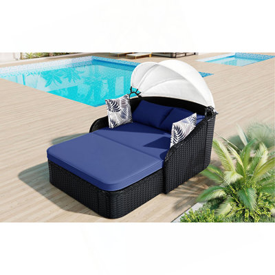 Lit de bronzage d'extérieur 79,9 po avec auvent réglable, lit double, lit de repos en rotin PE, osier et coussin