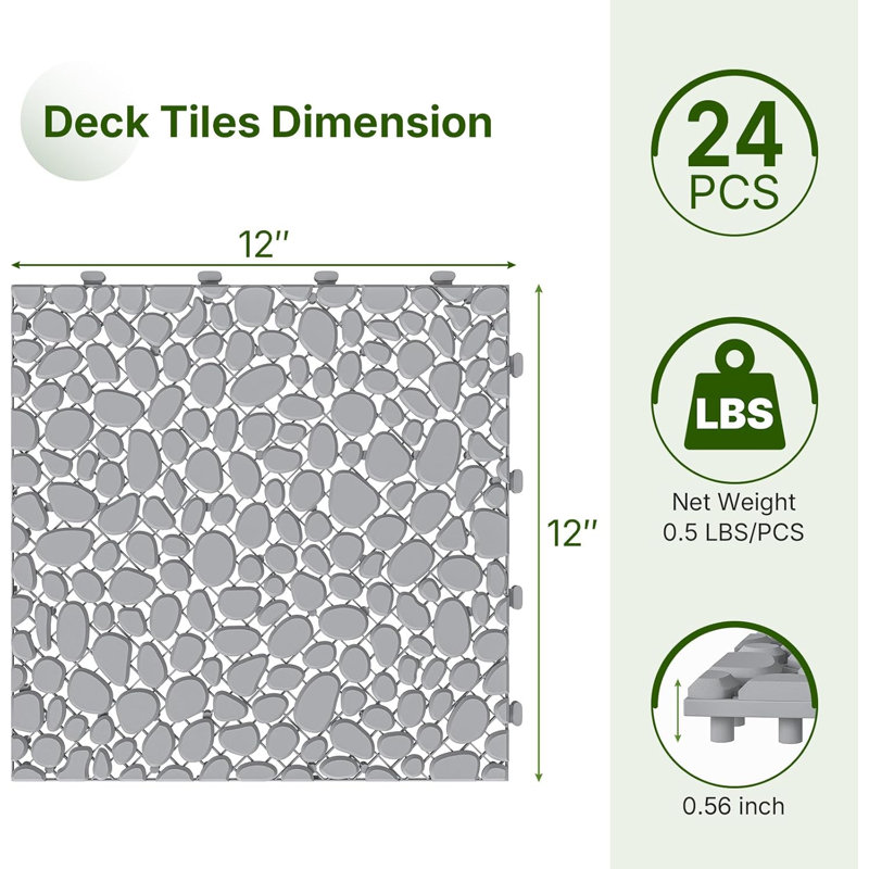 Carreaux de terrasse en plastique 24 pièces à motif de galets, 12 po x 12 po, Gris