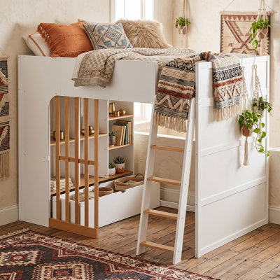 Lit mezzanine en bois, taille standard, avec étagères de rangement, échelle et tiroir sous le lit, lit d'appoint pour enfant, blanc et chêne naturel