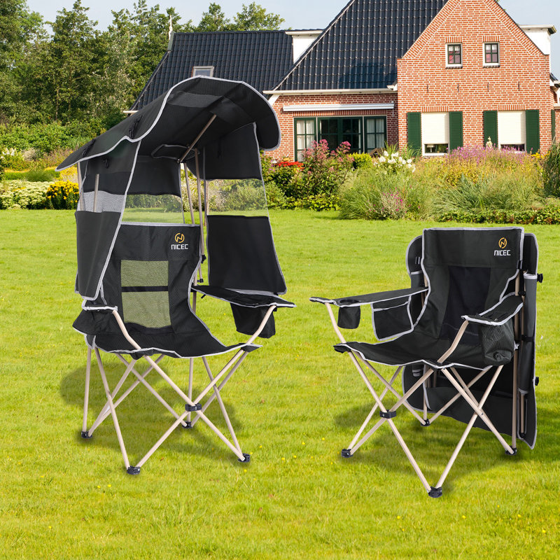 Chaise de camping pliante avec auvent détachable, filet respirant, porte-gobelet et poche latérale (2 pces)
