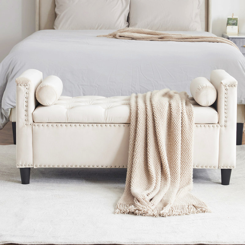 Repose-pieds avec 2 coussins, garniture cloutée et compartiment de rangement, Crème, crème