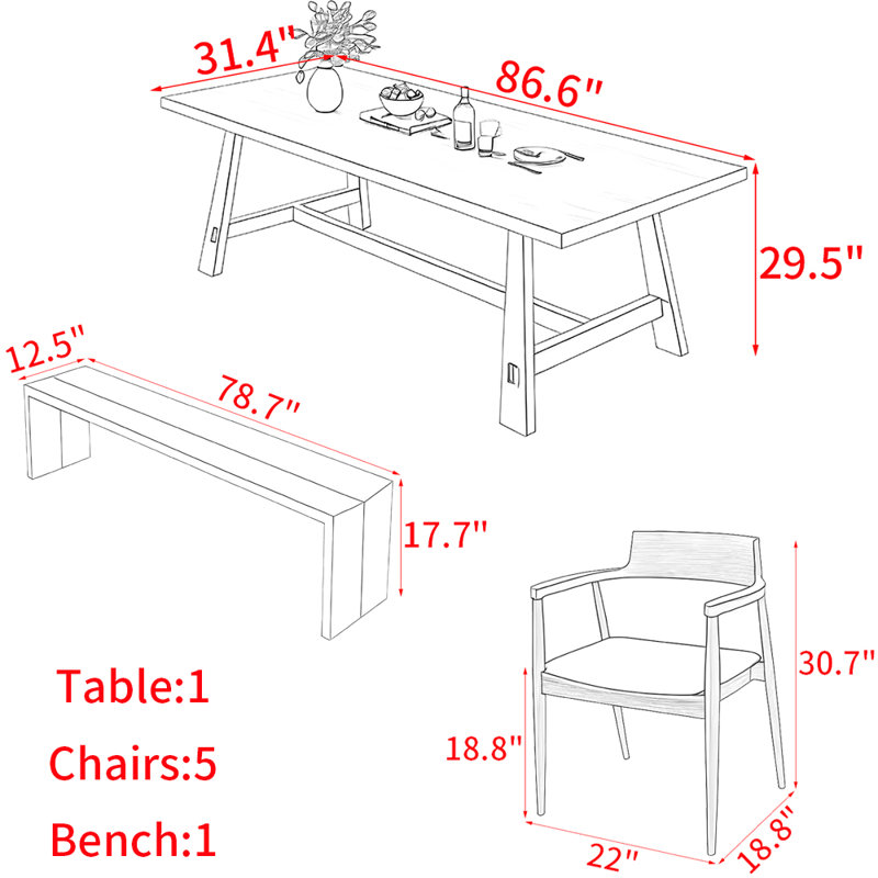 Nordic style solid wood dining table set, 29.5"H x 86.6"L 31.4"W