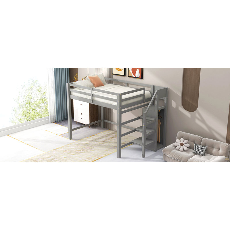 Lit mezzanine double avec garde-robe et escalier de rangement intégrés, Gris