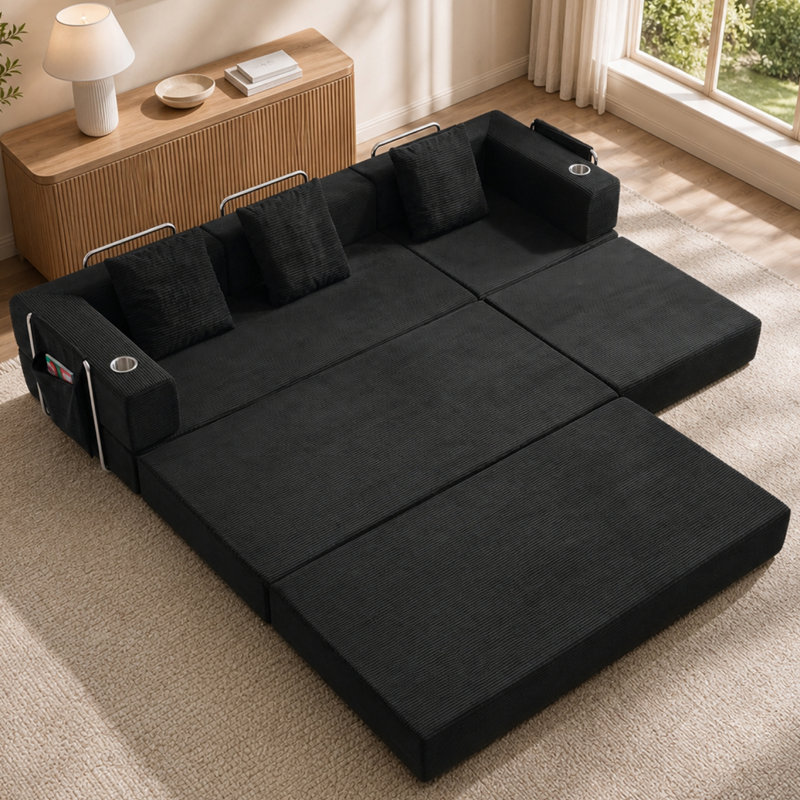 Canapé modulaire de 108 po avec méridienne en L et siège profond, Velours côtelé noir