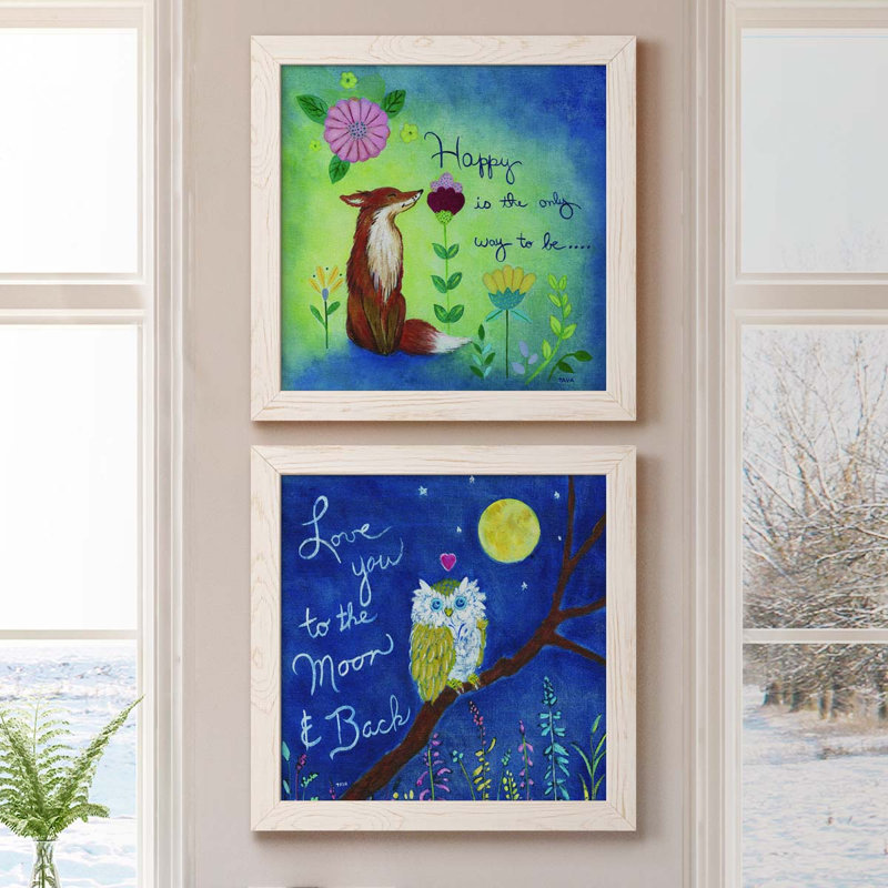 Happy Fox - Ensemble de 2 encadrements d'art textuel sur toile, H 17 po x l 34 po x P 1,5 po, Cadre blanc