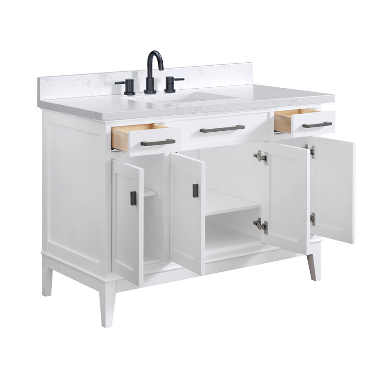 Meuble-lavabo simple 48 po avec plateau Anglet, Blanc, Pierre artificielle blanche Cala