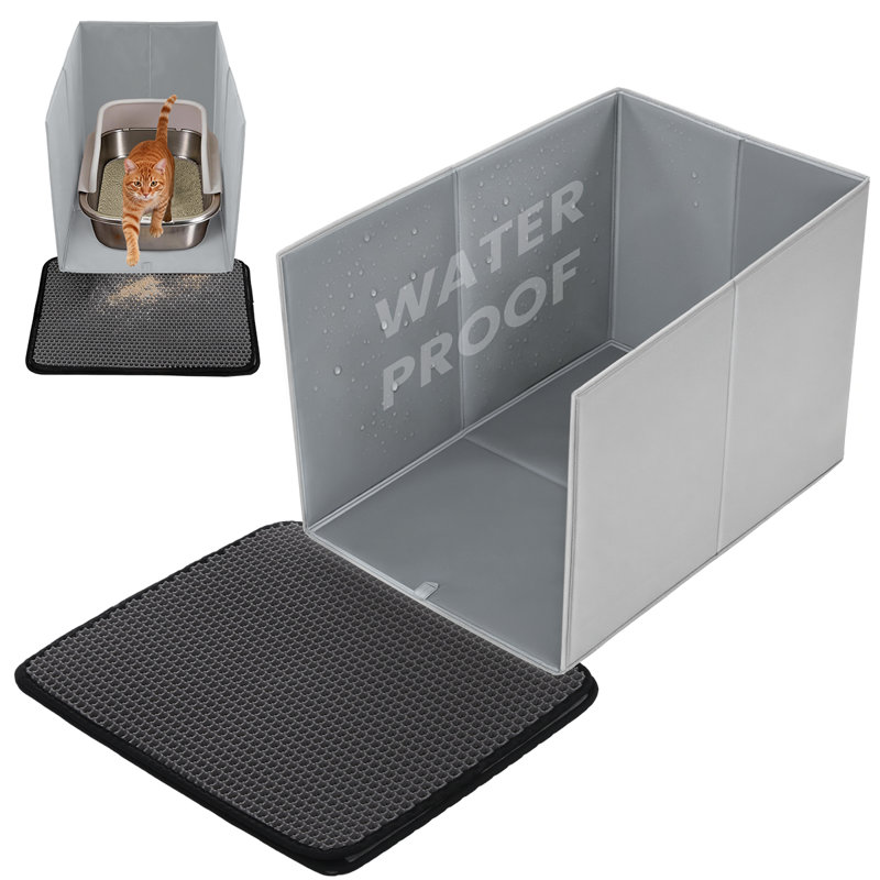 Enceinte pliable pour litière pour chat avec tapis, protection anti-éclaboussures tout-en-un pour bac à litière pour animaux, tapis de protection latéral ouvert avec tapis pour litière pour chat, support facile à nettoyer