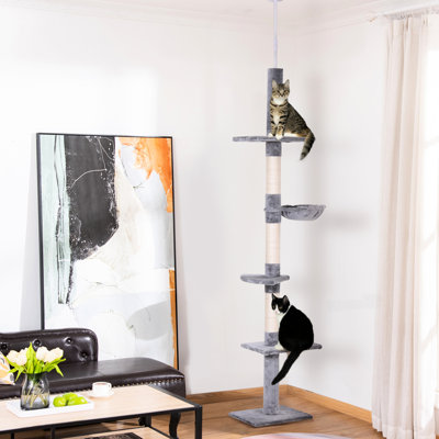 Floor-Ceiling 9' Cat Plaything With Scratching Areas - Grey And White. 90.5''-103.51'' Adjustable Height, 5 Platforms, 3 Rope Areas, Strong Particleboard, Warm Cushion, Preserve Your Furniture's