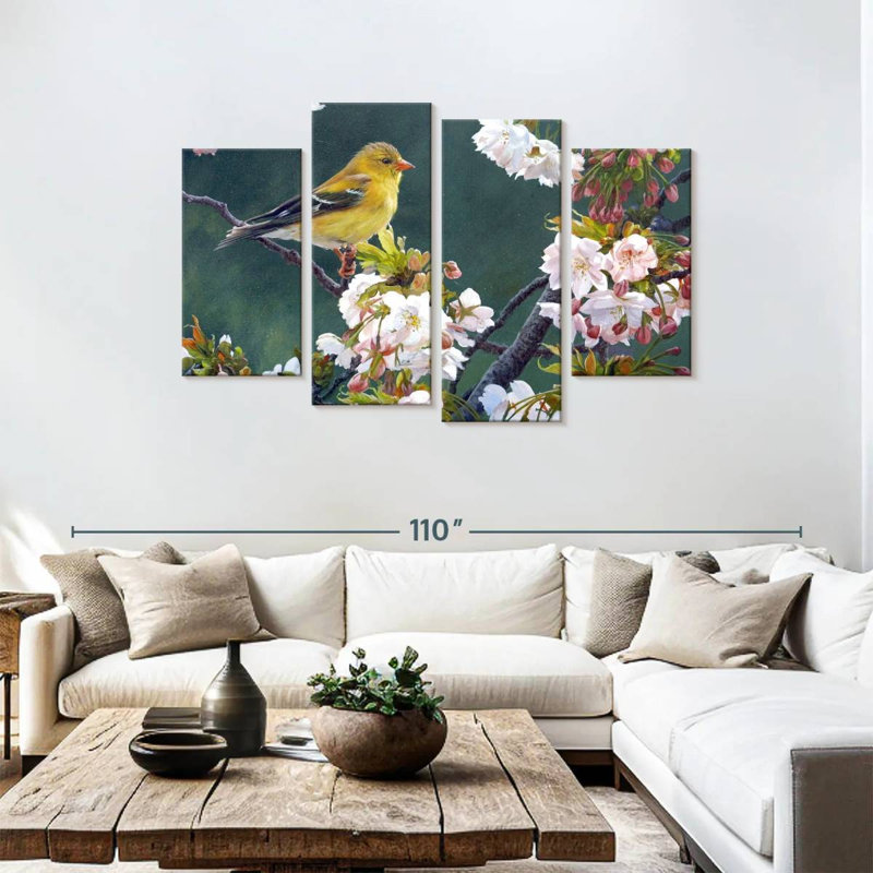 Chardonneret femelle et fleurs, H 48 po x l 75 po