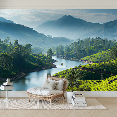 Peel and Stick Wallpaper 96" W x 69" H Modern Self Adhesive Wall Mural for Bedroom Tea plantations river hills Kerala India