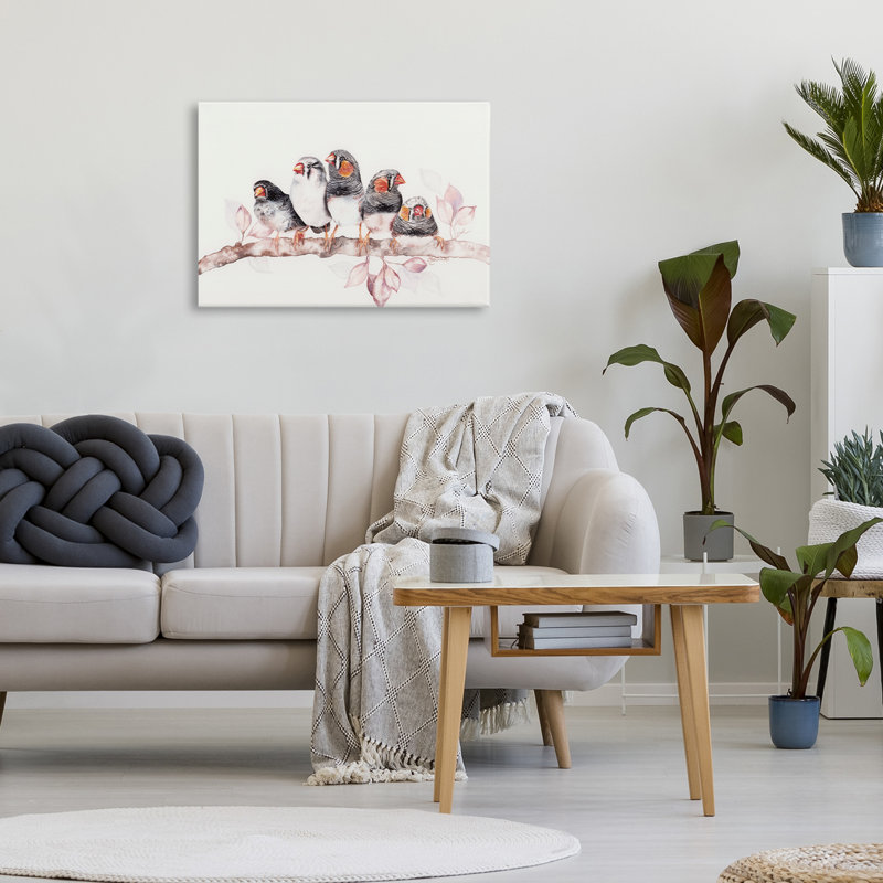 Cinq oiseaux sur une toile, par Cady, H 16 po x l 24 po