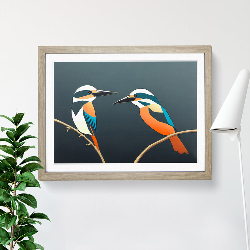 Abstract Kingfisher Birds - Framed Print, 25cm H x 34cm W x 2cm D, Oak