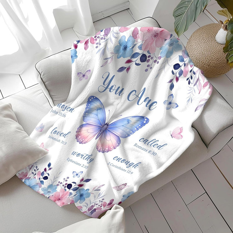 Couverture florale papillon rose pour femme, bleu et rose avec citation inspirante, douillet jeté douillet pour fille, canapé de salon de 30 x 40 po
