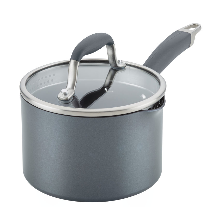 Anolon Advanced Home Hard Anodized Nonstick Saucepan With Straining Lid, 2 Quart, Gray