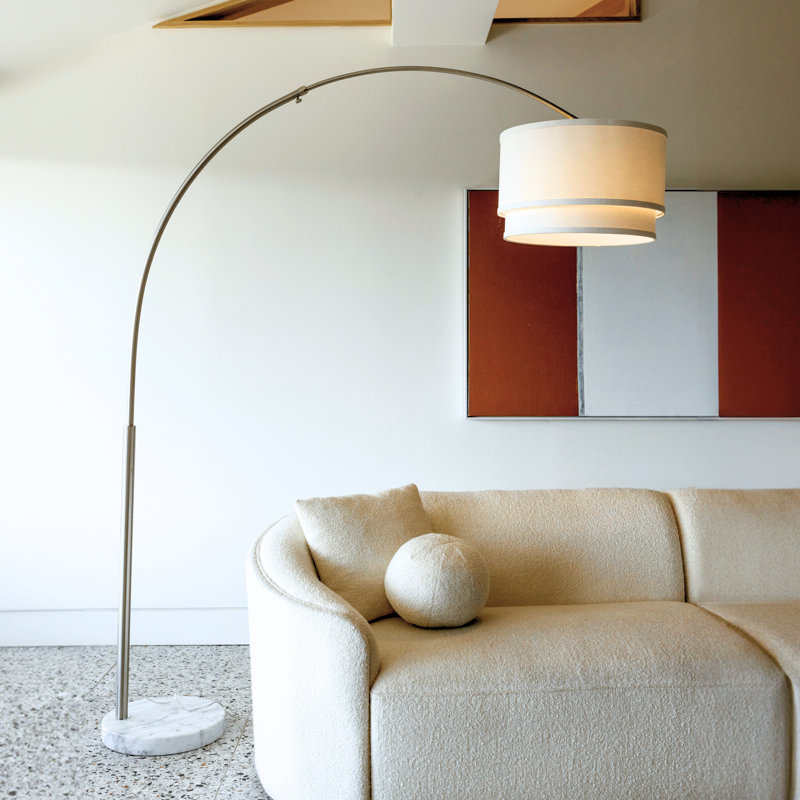Mason 81 in. Modern Adjustable LED Arched Standing Floor Lamp with Fabric Drum Shade and Weighted Marble Base, Nickel