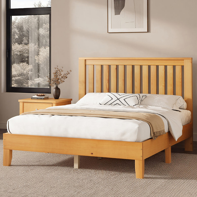 Bilal Solid Wood Queen Bed With Grille Headboard, Natural, Queen, Natural