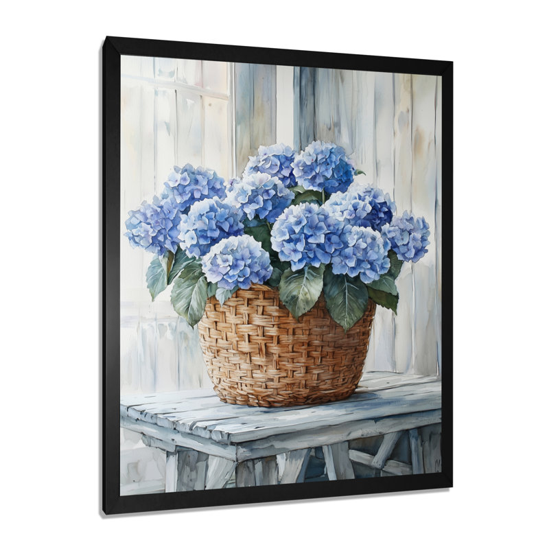 Hydrangeas In A Farm Basket III - Art mural sur toile florale, H 20 po x l 12 po, Reproduction encadrée d'une seule photo