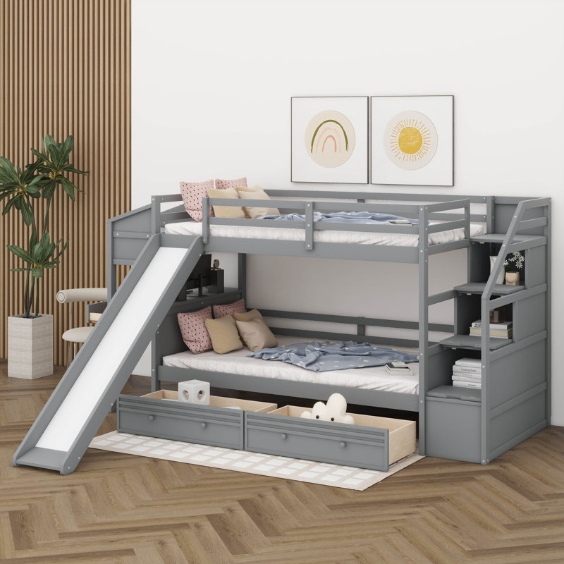 Jeoffrey Twin Over Twin Bunk Bed with Build-In Desk with Built-In Stairs, Gray