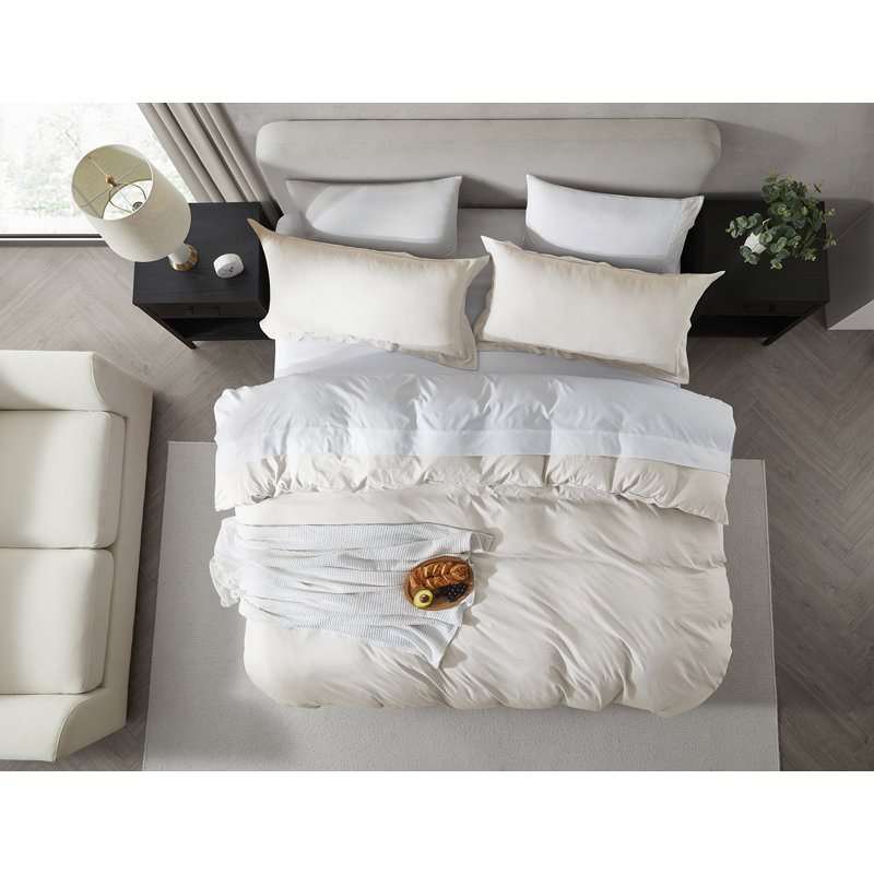 Ensemble de housse de couette prélavé, Blanc cassé, Housse de couette pour grand lit et 2 taies décor