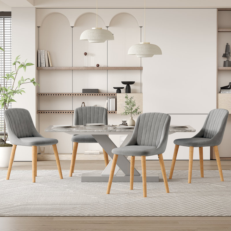 Velvet Dining Chairs With Wooden Legs Set Of 4, 4, Light Grey Velvet/Natural