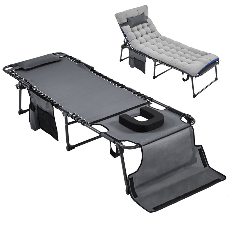 Outdoor Folding Tanning Chair with Removable Cushion and Face Hole, Black