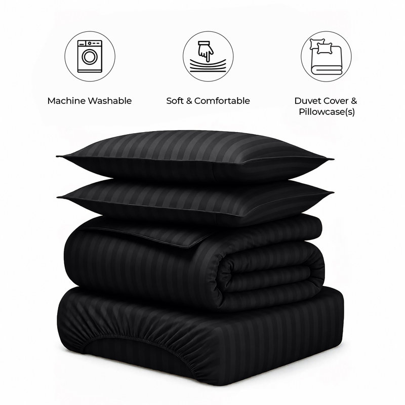 Haffa Microfiber Striped Duvet Cover Set with Pillowcases, Double Duvet Cover + 2 Standard Pillowcases, Black