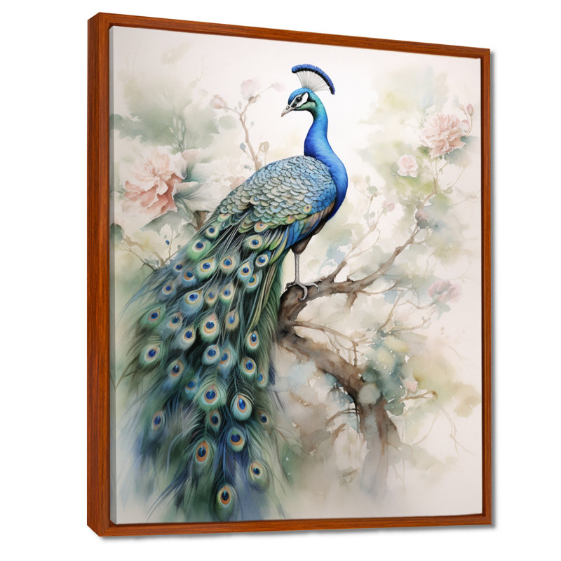 Baldassarre bleu encre délavée paon II - paon grand art mural, H 32 po x l 16 po, Cadre flottant brun