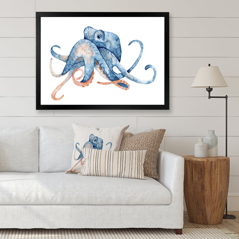 Pieuvre bleue sur blanc - reproduction sur toile, H 30 po x l 40 po x P 1,5 po, Cadre photo noir