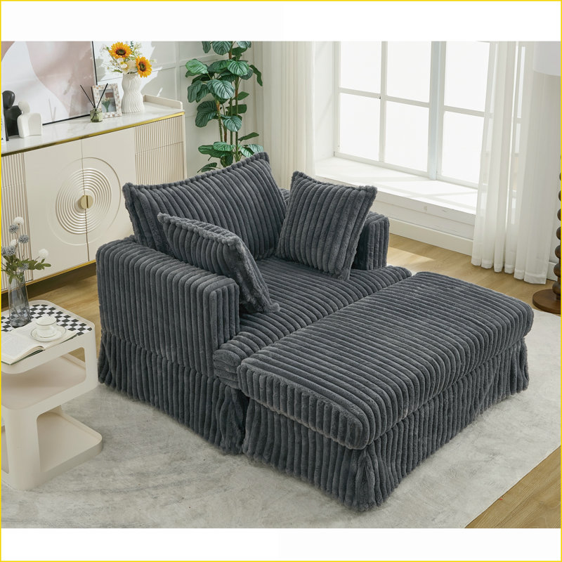 Chaise longue, siège profond en velours côtelé de 47,7 po avec repose-pieds mobile et amp; 2 coussins, gris foncé | Bois