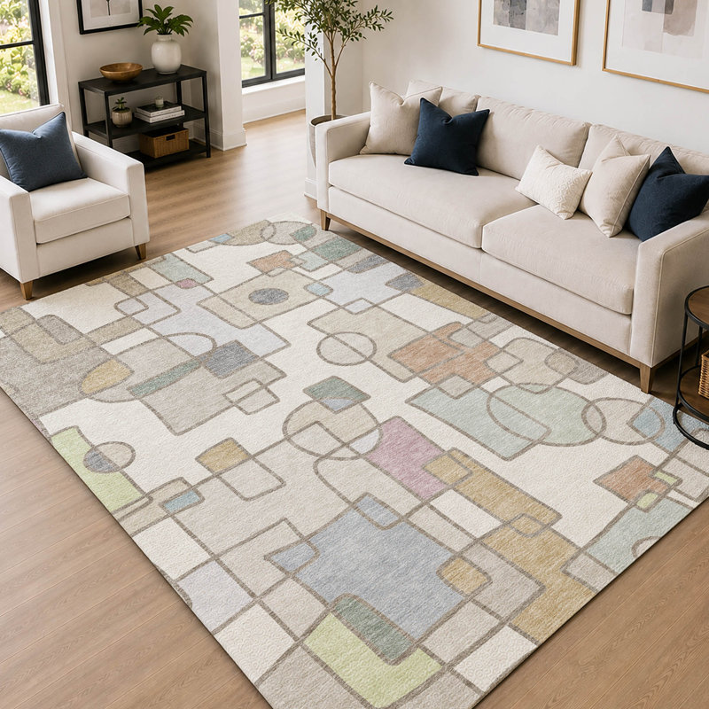 Tapis géométrique de qualité supérieure lavable à la machine Prisco, Ivoire ivoire, 3 pi x 5 pi