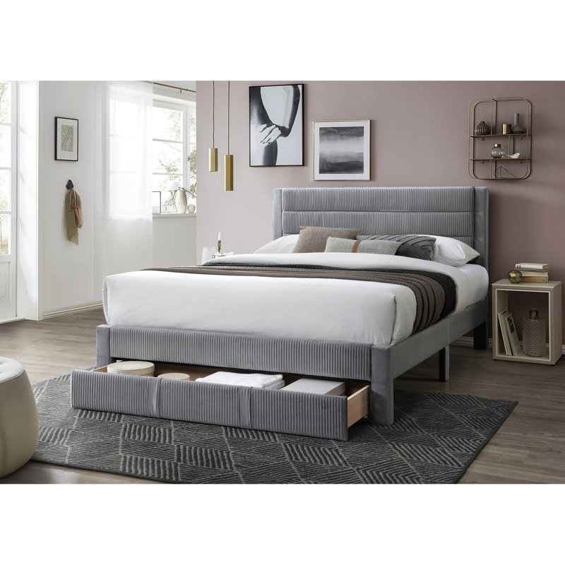 Grand lit moderne - Tête de lit en velours côtelé gris et bac de rangement sous le lit avec base de lit, Gris