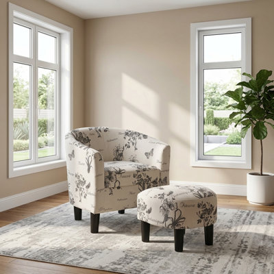Modern Upholstered Print Accent Chair with Ottoman
