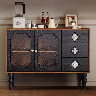 Buffet décoratif Mid-Century en bois d'hévéa et en verre