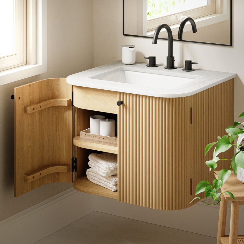 Meuble-lavabo mural 24 po avec lavabo en marbre Zia, Naturel