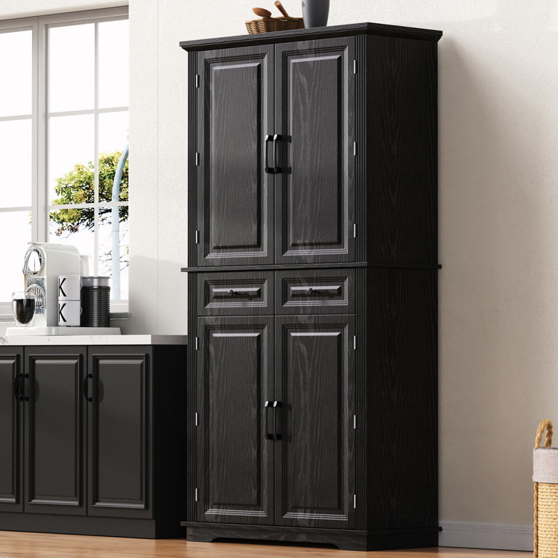 Garde-manger autoportant avec 3 organisateurs d'armoire coulissants, 6 tablettes de porte et 2 tiroirs, Black