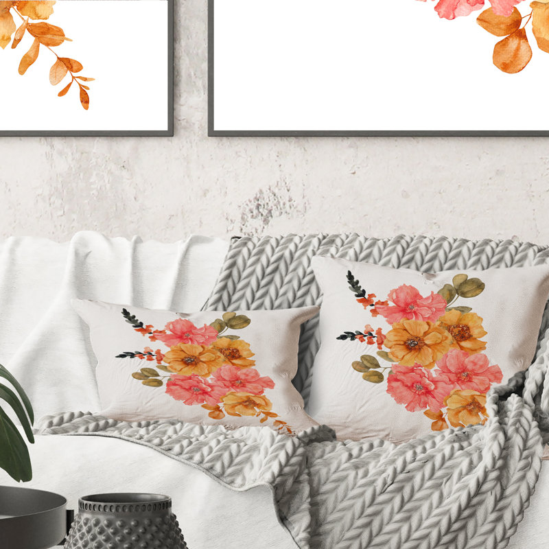 Bouquet d'automne de fleurs et de feuilles d'automne - Coussin décoratif imprimé traditionnel, 16 po x 16 po