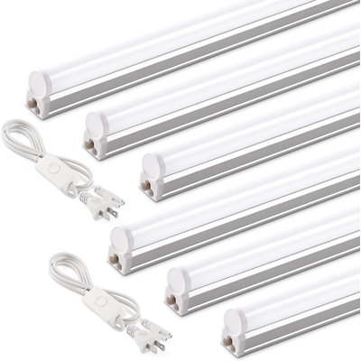Éclairage de magasin Barrina T5 de 4 pi, 2 cordons d'alimentation 6500k, 2200lm blanc ultra lumineux, luminaire utilitaire de 20 W, éclairage de plafond commercial pour garage d'atelier, électrique à cordon avec interrupteur marche / arrêt, paquet de 6